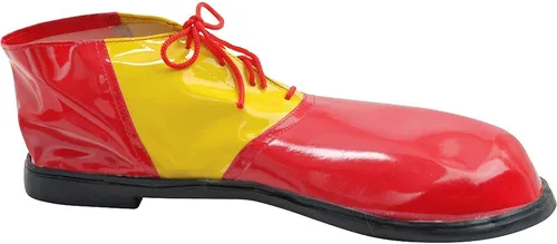Vista 2 de Zapatos de payaso brillantes rojos y amarillos (tamaño adulto) 2 pares, perfecto para cumpleaños y disfraz de Halloween