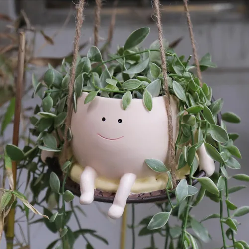 Vista 8 de Macetero Colgante con Silla Cintillo y Cara Sonriente para Plantas de Interior y Exterior, Macetas de Resina Lindas con Cabeza para Cadena