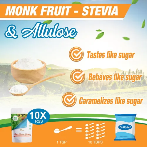 Vista 3 de Edulcorante multiusos de fruta de monje, stevia y alulosa, 10 veces dulzura de azúcar; porciones totales 1135; edulcorante sin calorías, sustituto