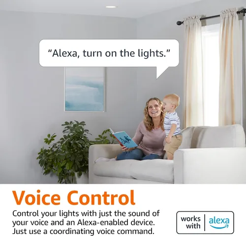 Vista 3 de Bombilla LED inteligente BR30, Amazon Basics, blanco suave regulable (2700K), 9W (equivalente a 60W), 800 lm, funciona solo con Alexa, Wi-Fi de 2,4