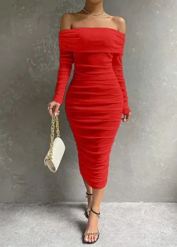 Vista 3 de Pofash Vestido para mujer sexy, entallado y con un hombro descubierto, longitud por debajo de la rodilla, de tul fruncido, para fiesta y cóctel