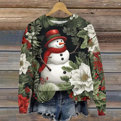 Vista 3 de Suéter de Navidad para mujer, de manga larga, cuello redondo, de gran tamaño, lindo estampado gráfico 3D, suéter casual