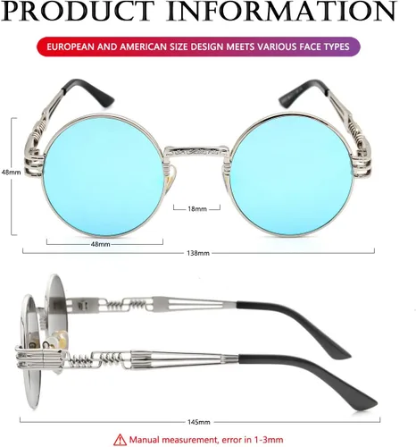 Vista 7 de AIEYEZO Gafas de sol redondas steampunk Circle Lennon Hippie, marco de metal, lente de bloqueo UV 100%