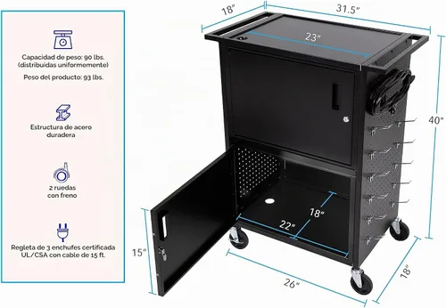 Vista 5 de Line Leader Stellar - Carrito de computadora con tablero de clavijas y ganchos personalizables, armarios de doble bloqueo, alimentación certificada