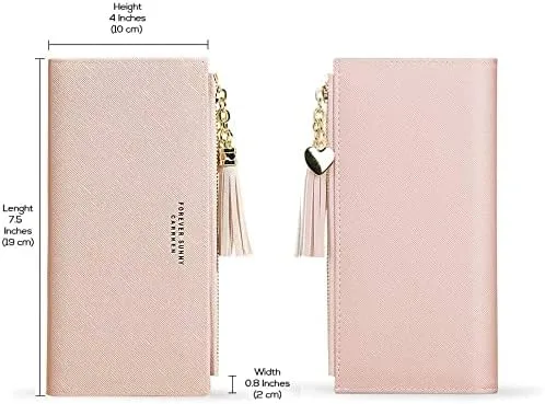 Vista 4 de Yafanqi Cartera de cuero para mujer, organizador de tarjetas de crédito, con cremallera bonita, grande, larga, monedero, C- azul, Carteras largas