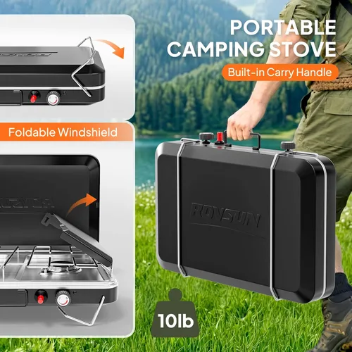 Vista 4 de ROVSUN Estufa de camping portátil de 2 quemadores con encendedor, estufa de campamento de propano de 20000 BTU con adaptador, mango integrado