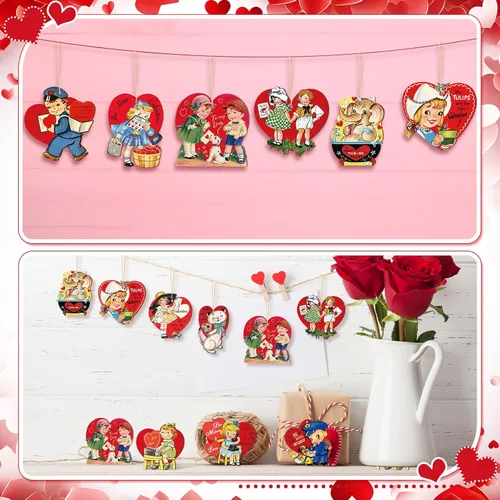 Vista 6 de BBTO 36 adornos de madera para el día de San Valentín, decoración retro para árbol de San Valentín, forma de corazón rojo, recortes de madera