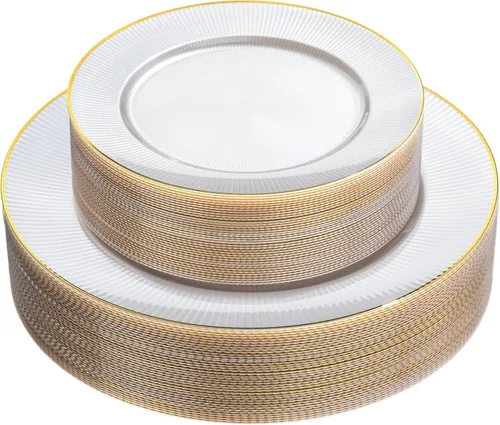 Vista 14 de Hioasis 60 piezas de platos de plástico negro - Juego de vajilla desechable con borde dorado, martillado, resistente, adecuado para 30 invitados