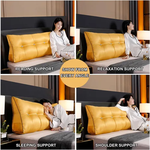 Vista 6 de Almohada triangular de lectura, almohada de cabecera de cuña para cama de día, respaldo de tatami, funda extraíble, cojín de soporte lumbar, Amarillo