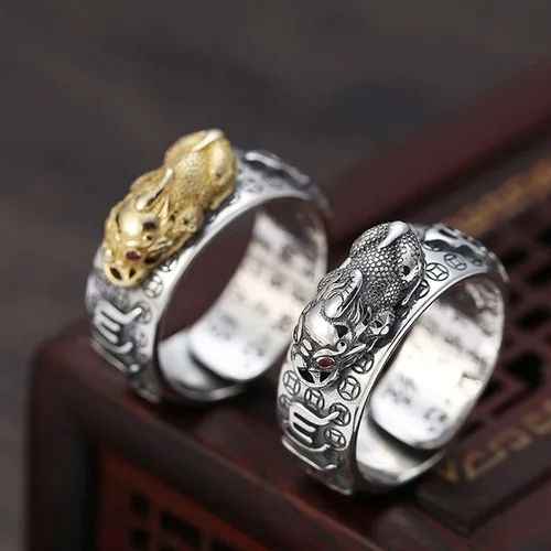 Vista 7 de Niqnay Feng Shui Pixiu - Anillo de mantra budista de buena suerte, amuleto de doble protección, riqueza, amor, salud, regalo para hombres y mujeres