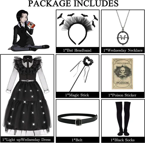 Vista 2 de Disfraz iluminado para niñas, disfraces de Halloween con cinturón, collar, calcetines, banda para el cabello, varita