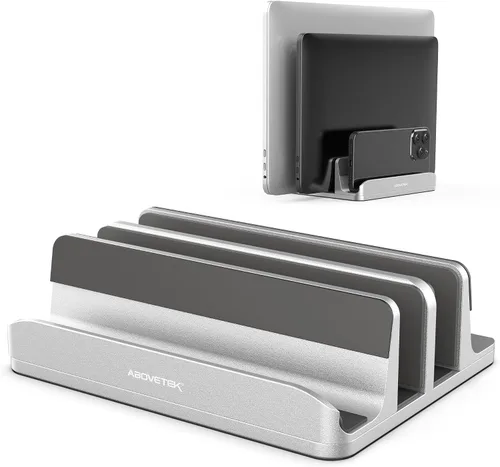 Vista 9 de Soporte vertical para portátil AboveTEK, soporte de escritorio de aluminio con 3 ranuras y base ajustable para tableta, MacBook, teléfono - Ajuste