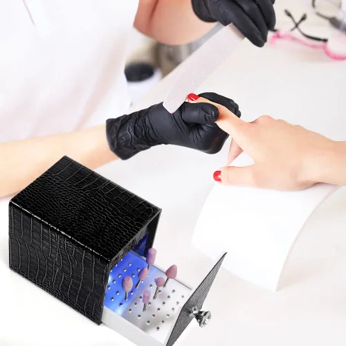 Vista 3 de Soporte para brocas de uñas, caja de luz UV azul para cabezales de molienda, soporte a prueba de polvo, acrílico, 48 agujeros, organizadores de Negro