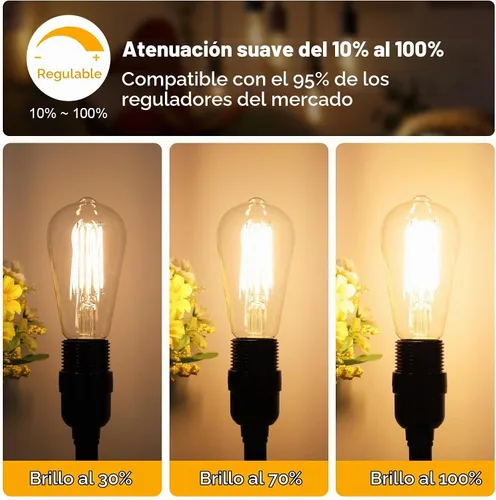 Vista 3 de Bombillas LED Edison vintage equivalentes a 60 W, regulables, 7 W, ST58, bombillas de filamento LED, blanco suave, 2700 K, iluminación