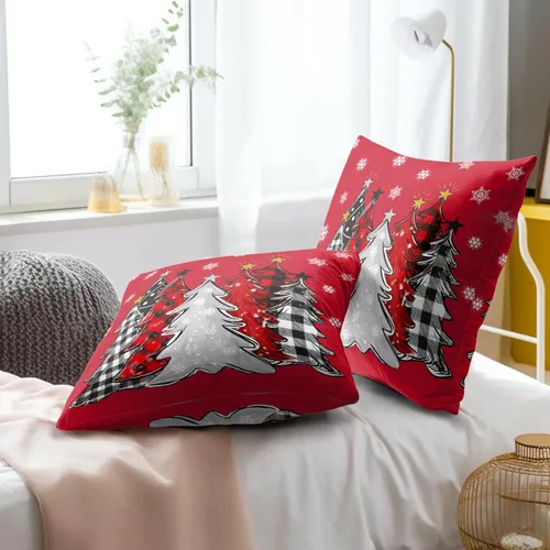 Vista 6 de Funda de almohada de Navidad 40.6 x 40.6 cm Árbol de Navidad rojo Funda de almohada de invierno Copo de nieve decorativo Juego de 2 fundas