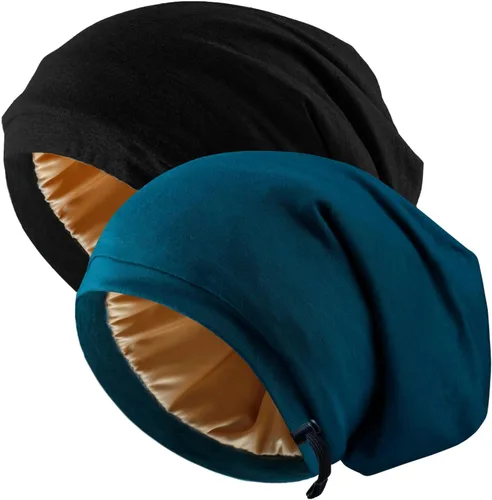 Vista 16 de 2 gorros de seda ajustables para dormir, gorro de dormir con forro de satén para mujeres y hombres, gorro de seda para el cabello holgado.