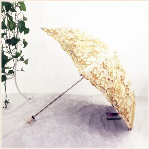 Vista 61 de Honeystore Sombrilla bordada con flor 3D plegable UV con encaje clásico