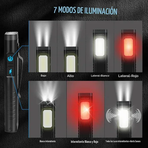 Vista 3 de Linterna EDC plana recargable, linternas magnéticas con alerta de pitido Negro