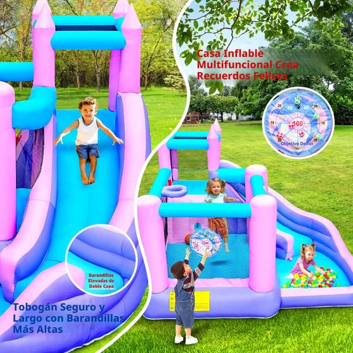 Vista 3 de WELLFUNTIME Casa inflable de rebote con tobogán, castillo de salto para niños con soplador, pozo de bolas, pared de escalada, diana, aro
