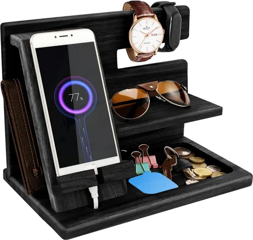 Vista 10 de Regalos para hombres, organizador de mesita de noche, estación de acoplamiento de teléfono de madera, regalos de cumpleaños de papá para él, mesita