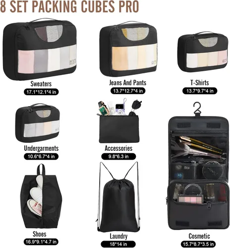 Vista 2 de Veken Juego de 8 cubos de embalaje para maletas, artículos esenciales de viaje para equipaje de mano, juego de bolsas organizadoras de equipaje
