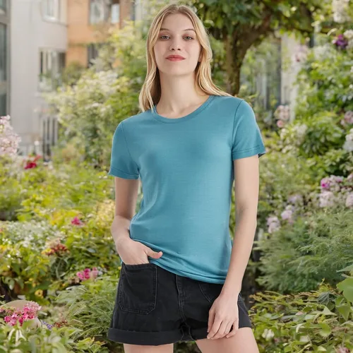 Vista 6 de Merino Protect Camisetas 100% de lana merino para mujer, cuello redondo, manga corta, resistencia al olor, capa base, viajes, senderismo, camiseta