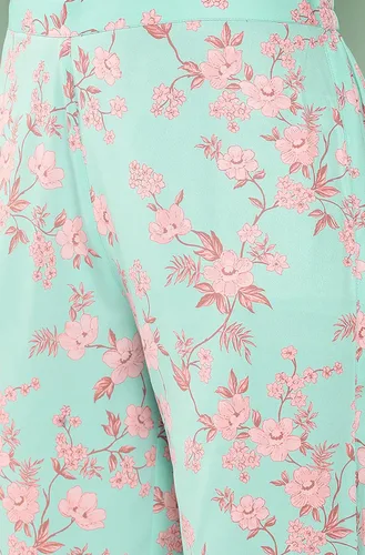 Vista 8 de Janasya Kaftan indio con estampado digital de crepé verde mar con pantalones para mujer