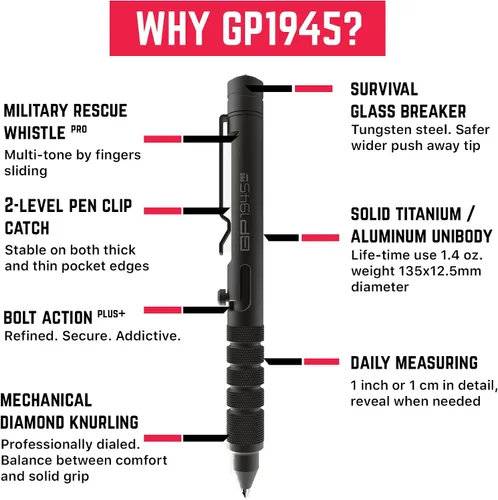 Vista 3 de GPCA - GP 1945 Bolt Action Pen PRO, multiherramienta EDC con silbato de rescate y rompecristales, equipo de supervivencia para camping y viaje
