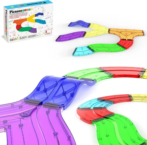 Vista 11 de PicassoTiles Juego de 121 azulejos magnéticos de pista de carreras de mármol 3 en 1, juego de construcción de carreras de automóviles, aprendizaje