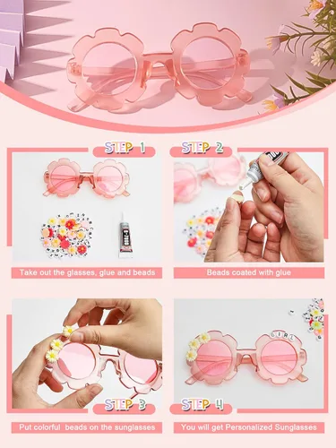 Vista 25 de Dunzy 10 pares de lentes de sol redondos de flores para niños, gafas de bricolaje para exteriores, con 50 margaritas, 100 cuentas de letras al azar