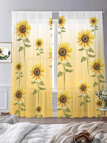 Vista 4 de Juego de paneles de cortinas de girasol, cortinas de gasa para cocina, cortinas de gasa de privacidad para sala de estar, dormitorio, decoración