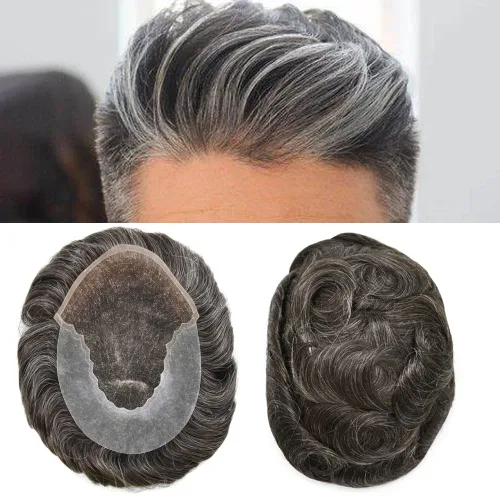 Vista 18 de Toupee para hombres pieza de pelo suave suizo encaje real sistema de cabello humano reemplazo blanqueado nudo mens tupé sistema de pelo para hombres