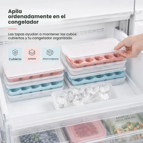 Vista 4 de 2 paquetes de bandejas para cubitos de hielo en forma de corazón con tapas y compartimentos, moldes de hielo con caja de almacenamiento de hielo, 48