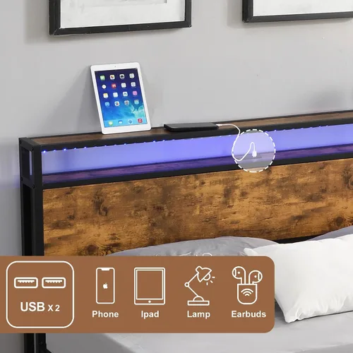 Vista 7 de Base de cama matrimonial con luces LED y 2 puertos USB, marco de cama de metal con estación de carga, marco de cama de granja con almacenamiento