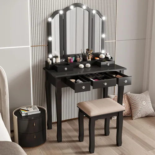 Vista 2 de Escritorio de tocador con espejo y luces de maquillaje con luces mesa con luz tocador de maquillaje con cajones negro juego de tocador para niñas