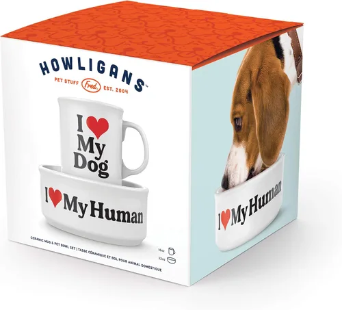 Vista 4 de Genuine Fred Howligans - Taza + cuenco para perros, diseño de perro de amor, color blanco