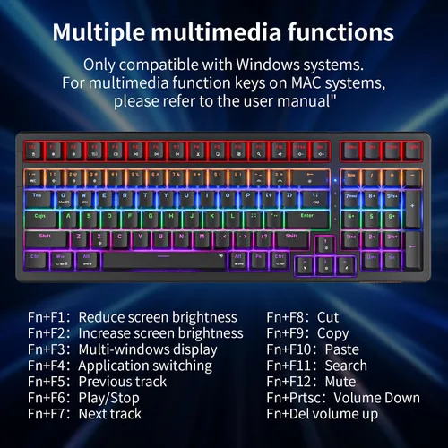 Vista 7 de Newmen GM328 - Teclado mecánico para juegos, 18 efectos retroiluminados LED, 100 teclas, teclado mecánico con cable con interruptor rojo lineal