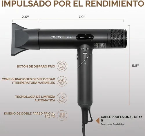 Vista 7 de COCCO Secador iónico de aire, secador de pelo plegable profesional del Negro
