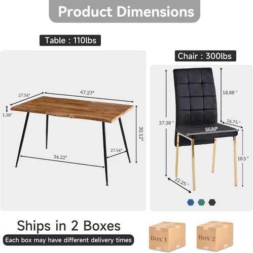 Vista 2 de Howtek Juego de mesa de comedor rectangular para 4, moderno de mediados de siglo con 4 sillas de cocina de terciopelo tapizado negro, juego de mesa