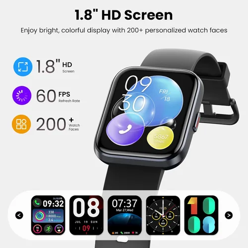 Vista 7 de Relojes inteligentes para hombre, Android y iPhone, 1.8 pulgadas HD Alexa reloj inteligente integrado con llamadas Bluetooth, IP68 impermeable Negro