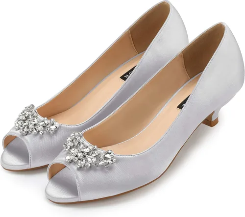 Vista 2 de ERIJUNOR Zapatos de tacón bajo para mujer, con diamantes de imitación, puntera abierta, para boda, fiesta de noche, zapatos de vestir