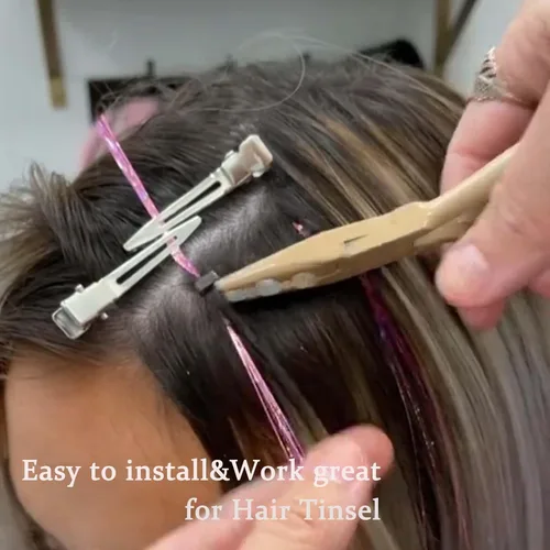 Vista 5 de Anillas de microenlace de 4 mm con forro de silicona, cuentas de oropel para extensiones de pelo, 300 unidades, color negro