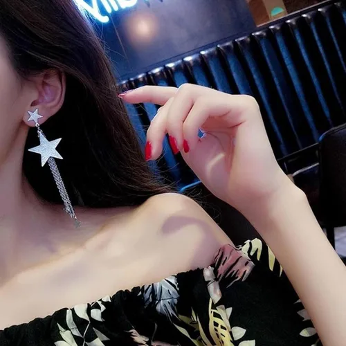 Vista 2 de Star Earrings for Women Laser Star Sequin Earrings for Teen Girls Fringe Star Dangle Earrings Iridescence Star Design Drop Earrings Pearl Earrings