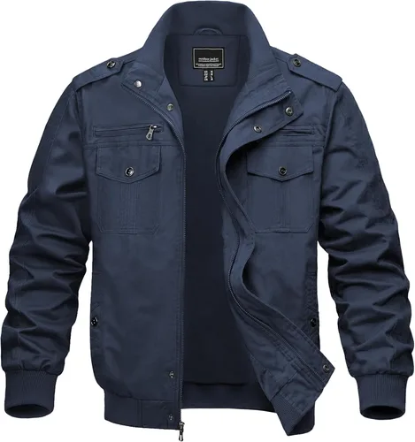 Vista 9 de MAGNIVIT Chaqueta cortavientos militar ligera para hombre con cuello parado, cierre frontal, 7 bolsillos - Algodón Negro