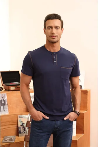 Vista 5 de Aulemen Camisas Henley de manga corta para hombre, estilo casual, ligeras, ajustadas, con botones, básicas, con bolsillo