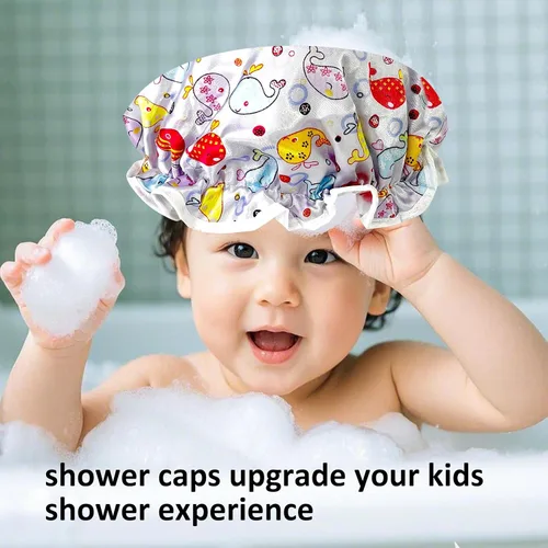 Vista 5 de Gorro de ducha para niños, paquete de 3 gorros de ducha grandes, reutilizables, de doble capa, impermeables, de plástico lavable, gorro de ducha