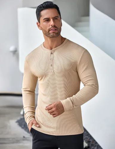 Vista 68 de COOFANDY Camisas Henley de manga larga para hombre, camisetas elásticas acanaladas, camisetas básicas casuales de moda