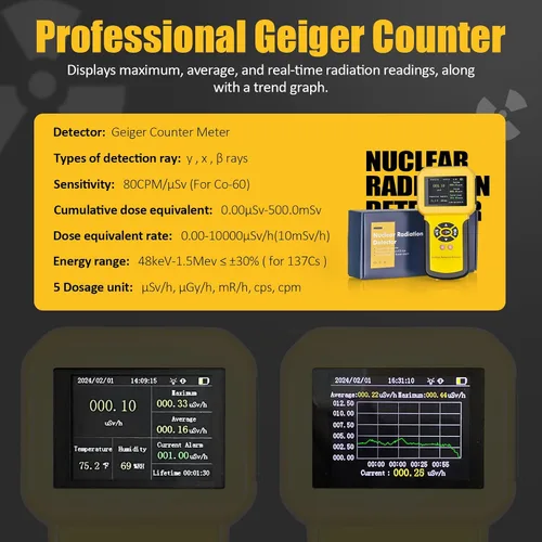 Vista 3 de Medidor de radiación nuclear, contador Geiger, detector radiactivo BTMETER detector de rayos X beta gamma nivel CPM con alarma, dosímetro