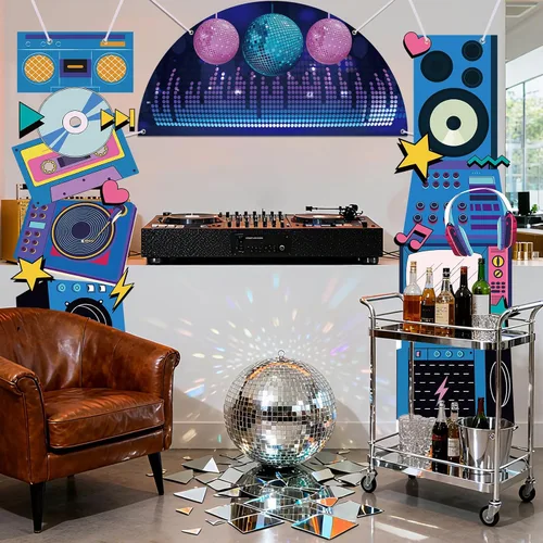 Vista 5 de Telón de fondo de discoteca para decoración de fiesta de cumpleaños, regreso a los años 80, 90, retro, para porche, radio, boombox, cabina de fotos