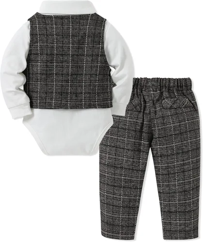 Vista 5 de DISAUR Ropa para bebé niño pequeño, 4 piezas de vestido de caballero + chaleco + pantalones + corbata de lazo conjunto de traje de algodón